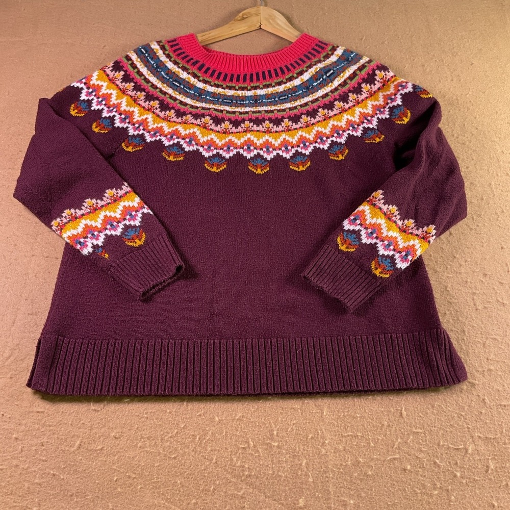 Talbots Petite Plum Purple Fair Isle Yoke Cotton Blend Sweater SP CN369 05/23